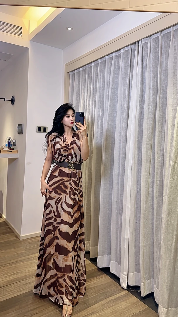 师小姐定制～夏季法式斑马纹印花时尚性感超长连衣裙8892