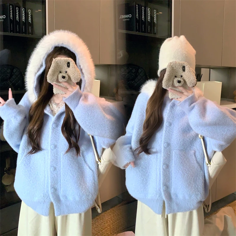 【不起球】冰蓝色（毛领可拆）大码女装秋冬胖妹妹小香风毛领连帽外套