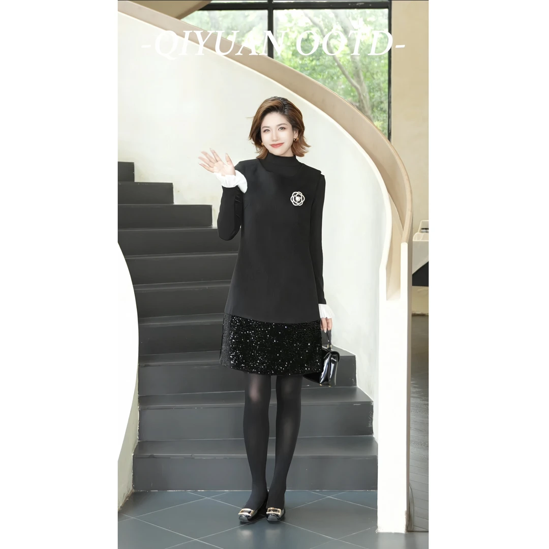 QEIIWMVIP/柒院冬季法式轻奢拼接下摆亮片无袖显瘦背心裙7676