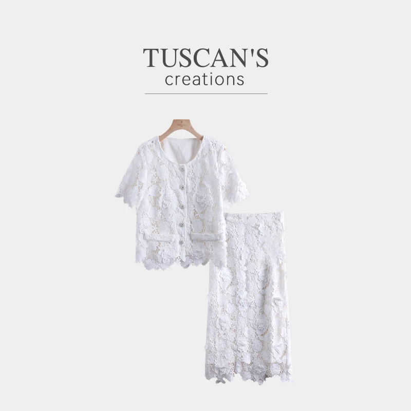 TUSCAN'S CREATIONS新品时尚气质蕾丝提花短袖半裙女套装时代双鱼