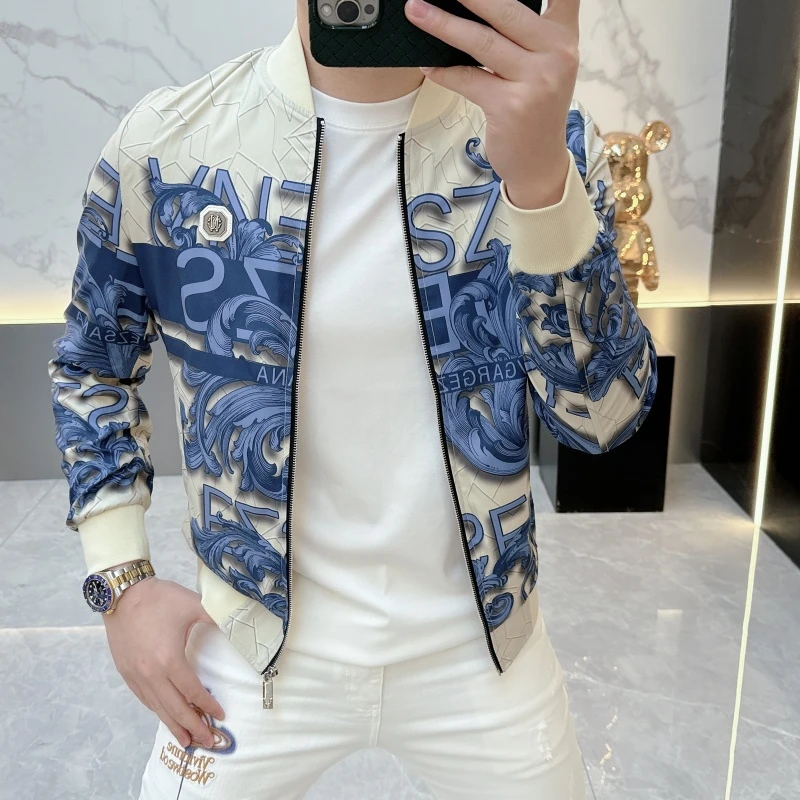 男士夹克2025春季时尚新款潮流字母印花修身帅气棒球领薄款外套潮