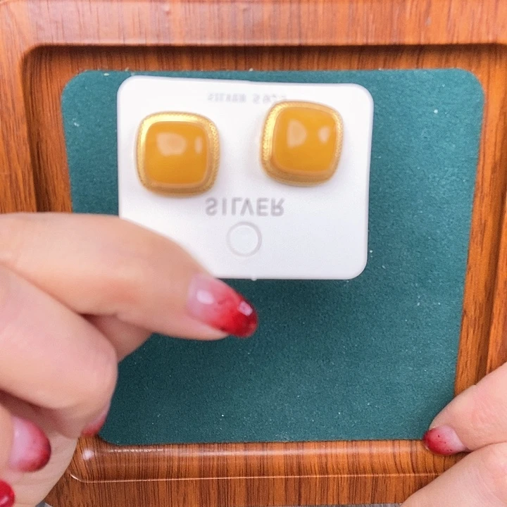 蜜蜡耳饰银S925镶嵌耳钉