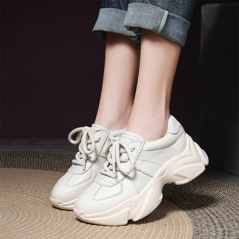 99006春季新款头层牛皮休闲百搭厚底老爹鞋韩版系带运动单鞋女