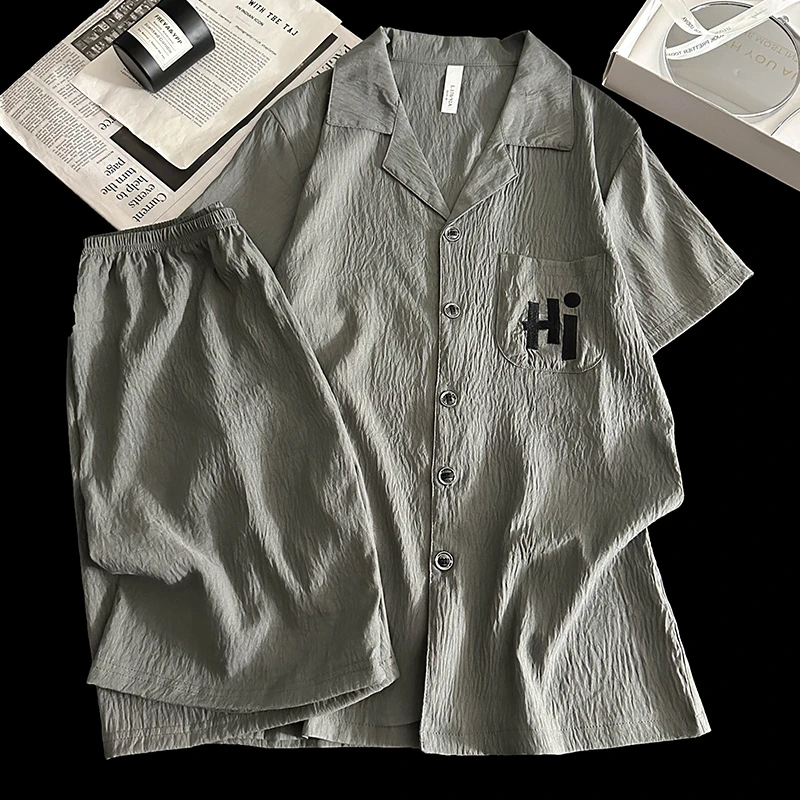 男士睡衣夏季夏天2025新款柔软云朵棉初中生休闲风绉布家居服套装
