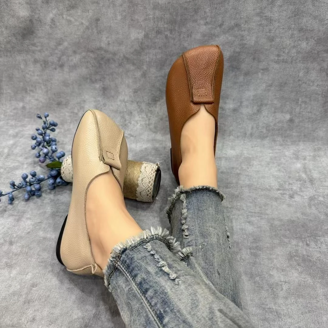 头层软皮复古手工浅口单鞋软底棉麻风妈妈鞋女单鞋软皮软底百搭