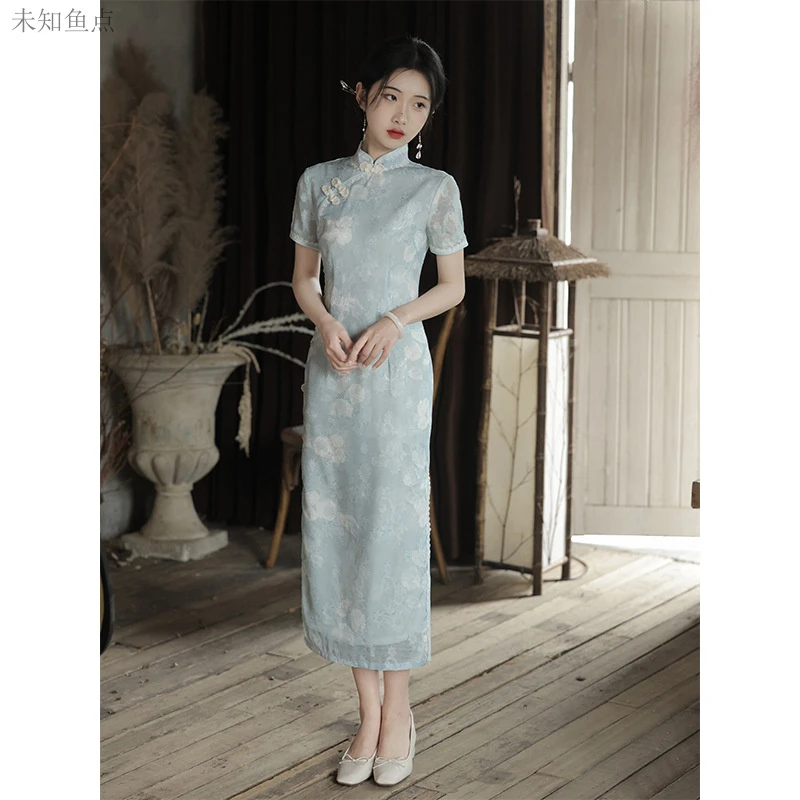 夏季新款改良复古风蓝色长款高端气质短袖国潮女性日常穿搭