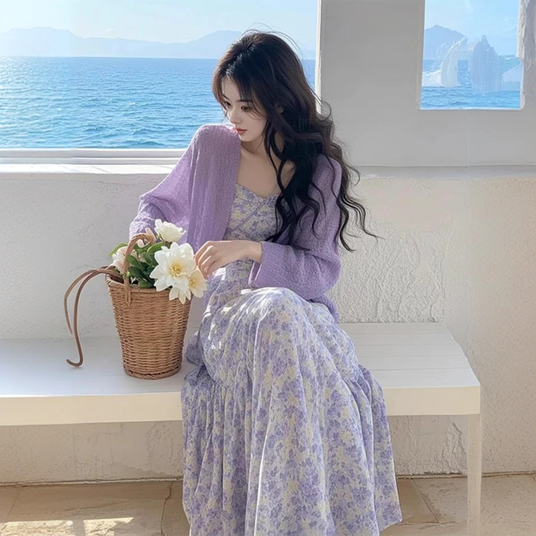 温柔风气质紫色碎花连衣裙女2025春季新款法式绝美度假风开衫套装