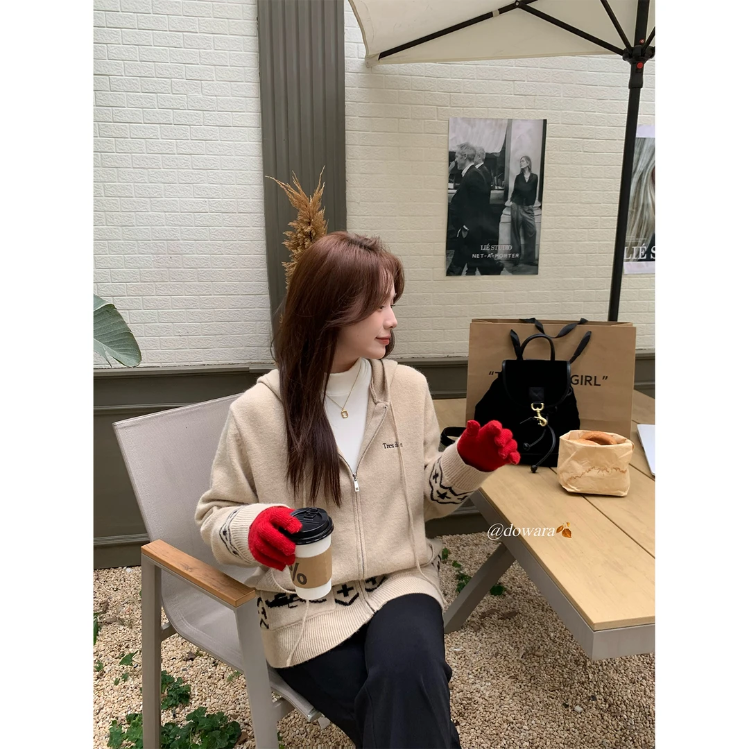 现货大婉酱微胖定制 慵懒风设计刺绣针织衫显瘦百搭连帽毛衣7792D