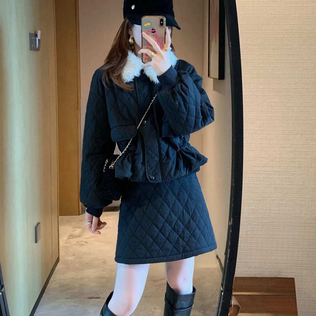 菱格毛领短款时尚韩版小香风棉服收腰外套+半身裙两件套装A1591