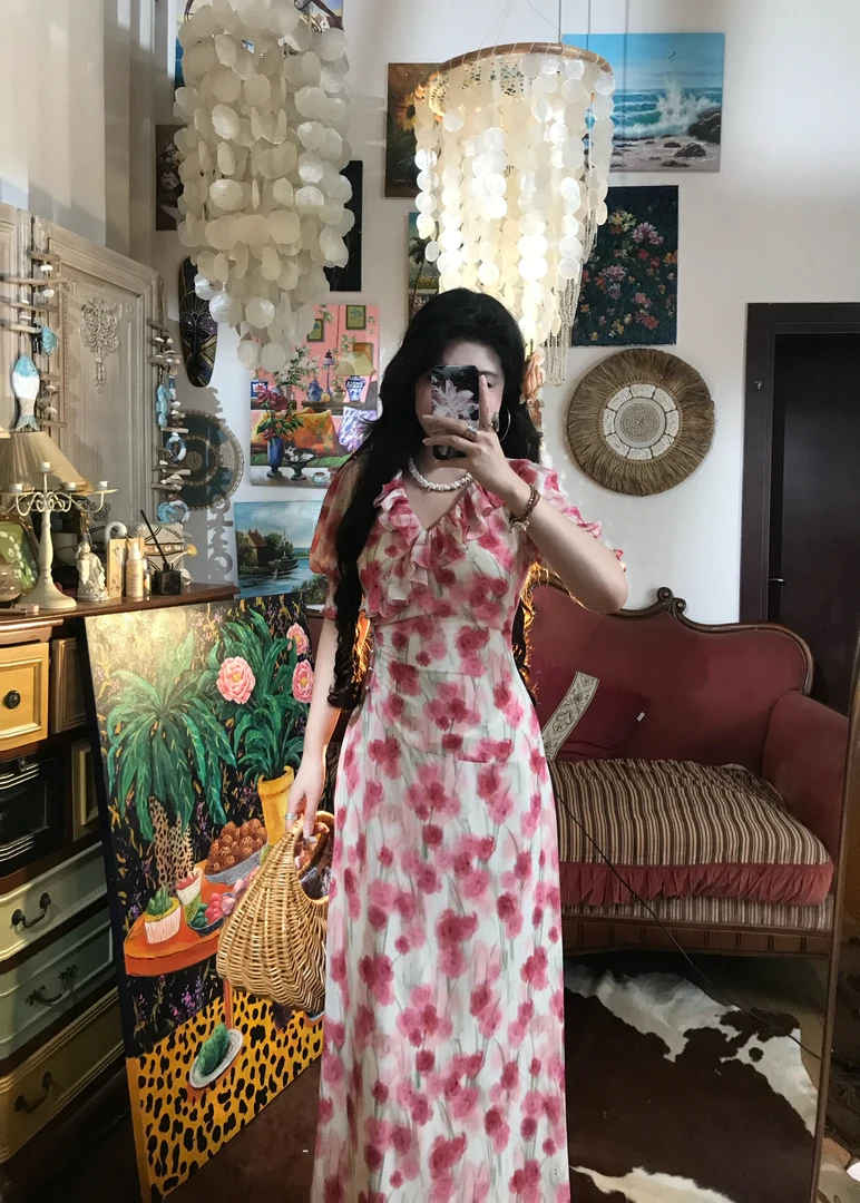 《岩蔷薇》2025春夏玫瑰印花收腰显瘦女人气质连衣裙长裙M108