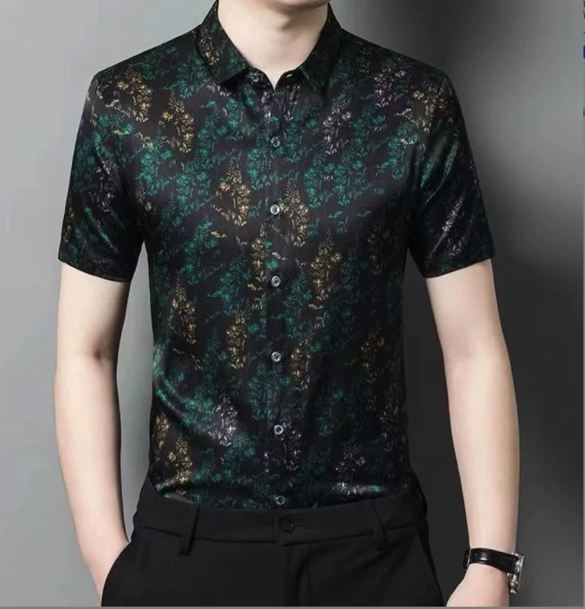 【苏杭桑蚕丝】男士时尚半袖夏季衬衫翻领香云纱短袖国风薄款百搭