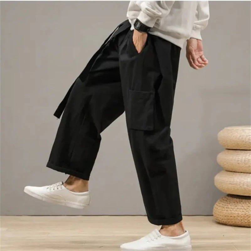 25B2B2中国风亚麻工装多袋裤子春季宽松直筒裤男士棉麻休闲阔腿裤