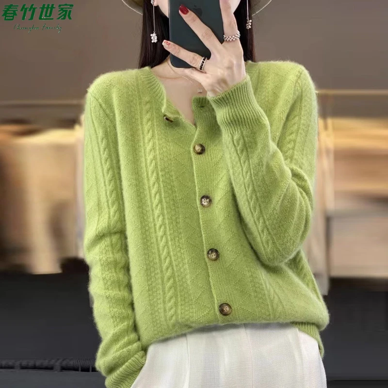 春竹世家长袖纯羊毛针织衫女2025秋冬季显瘦时尚羊绒保暖毛衣外套