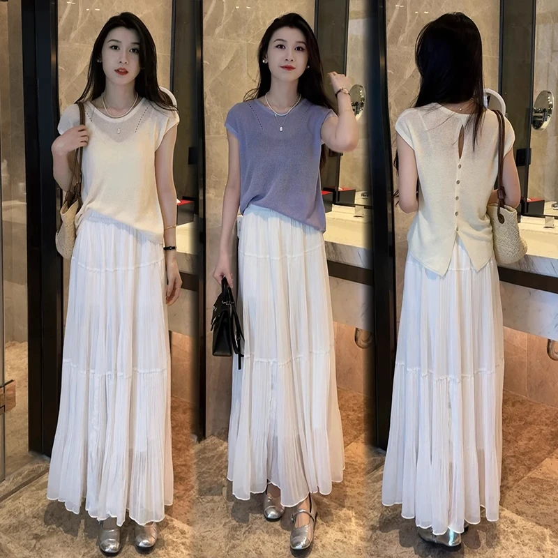 2025夏季新款时尚套装裙女宽松显瘦短袖冰丝针织上衣半身裙两件套