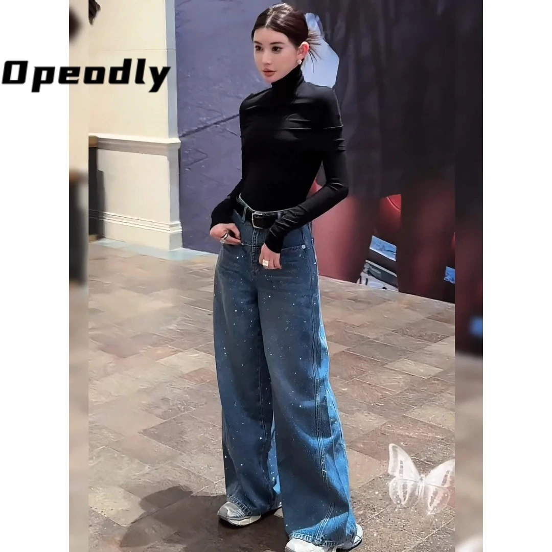 Opeodly韩版时尚满天星亮钻牛仔裤女新款重工闪钻宽松高腰阔腿裤