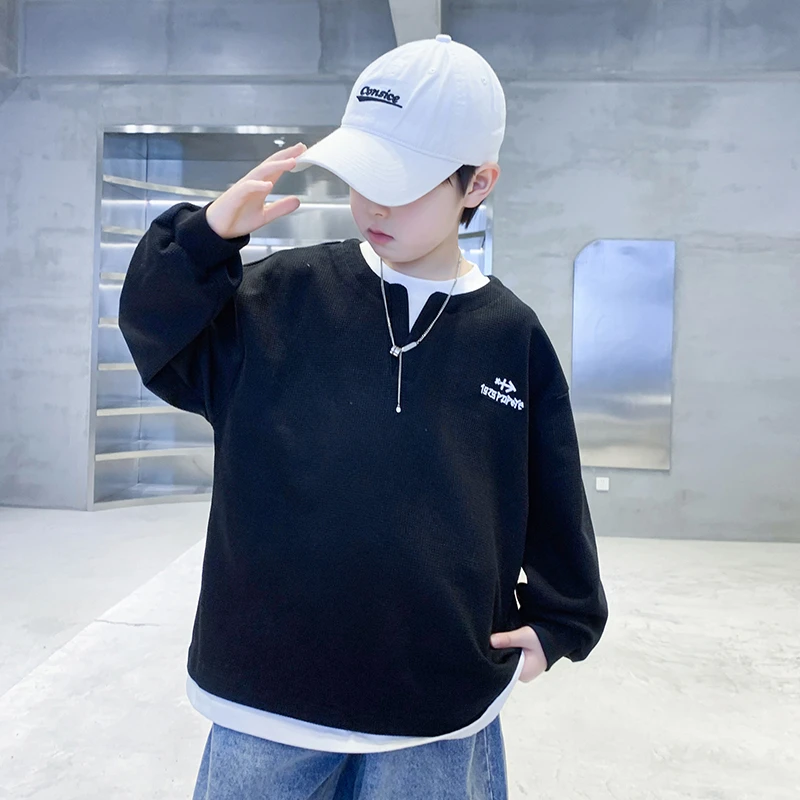 男童假两件卫衣春秋款2025新款中大男孩上衣炸街儿童春装酷帅衣服