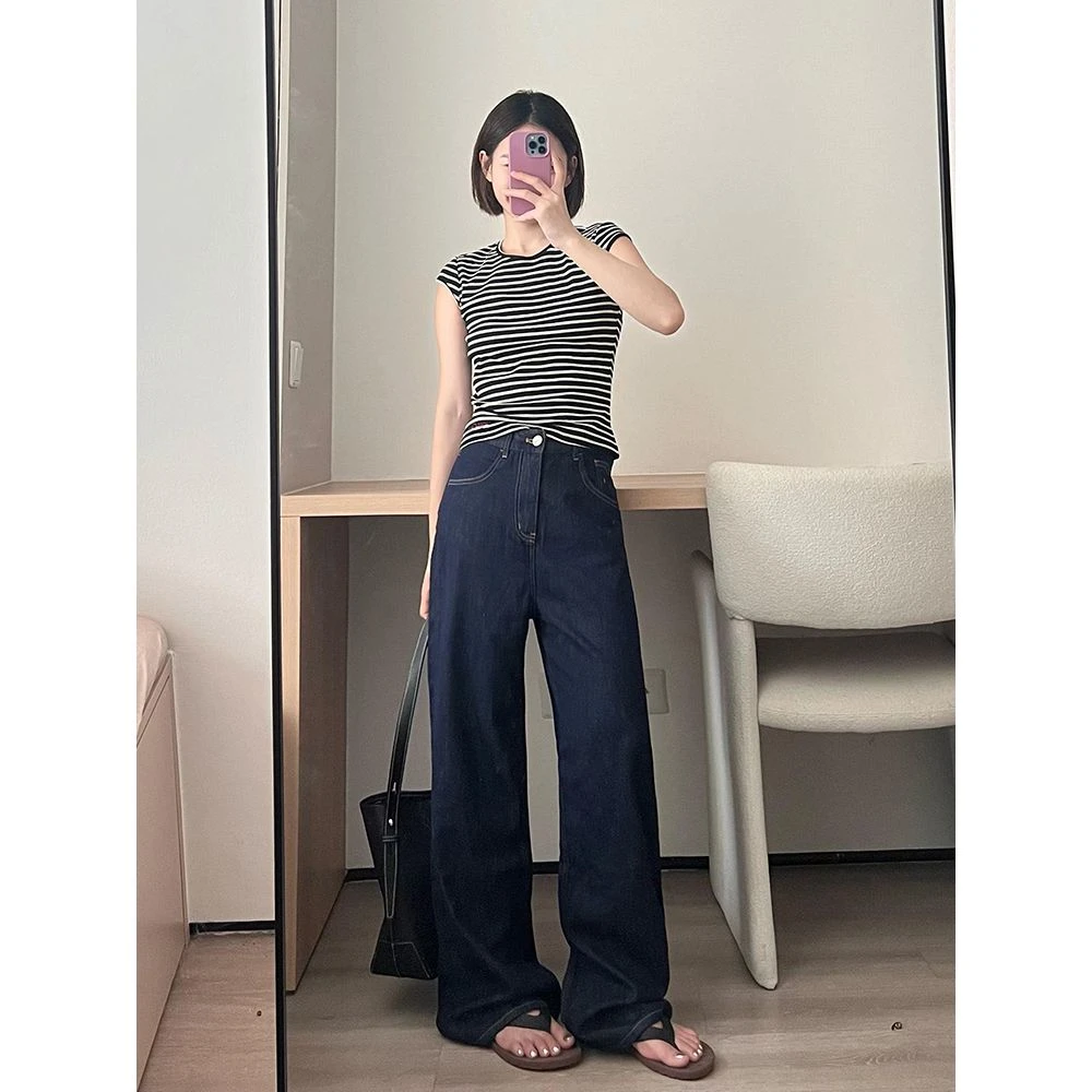 筒染蓝不掉色高腰直筒牛仔裤女2025秋季新款百搭显瘦垂感拖地裤子