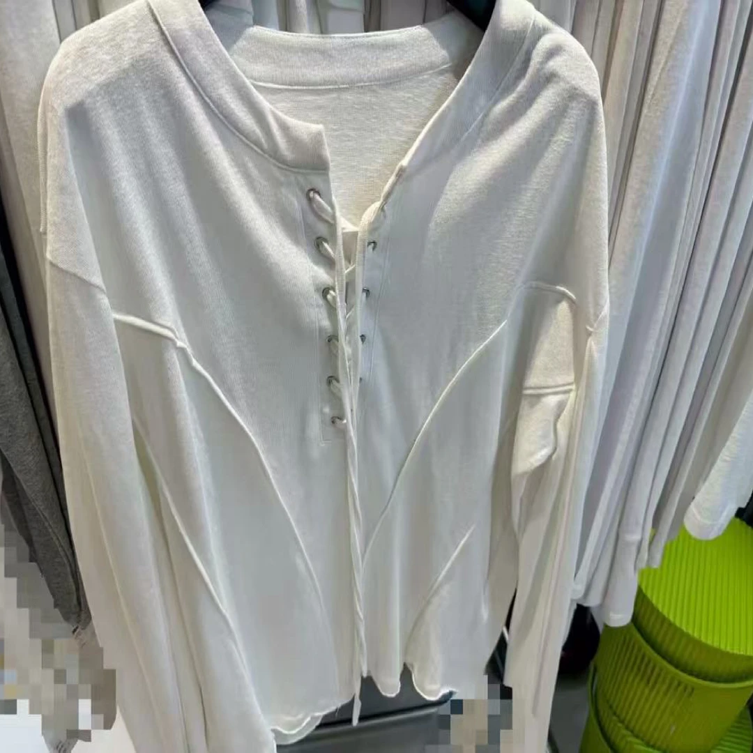 模特自留秋季新款 领口系绳感觉的很舒服的长袖T恤女