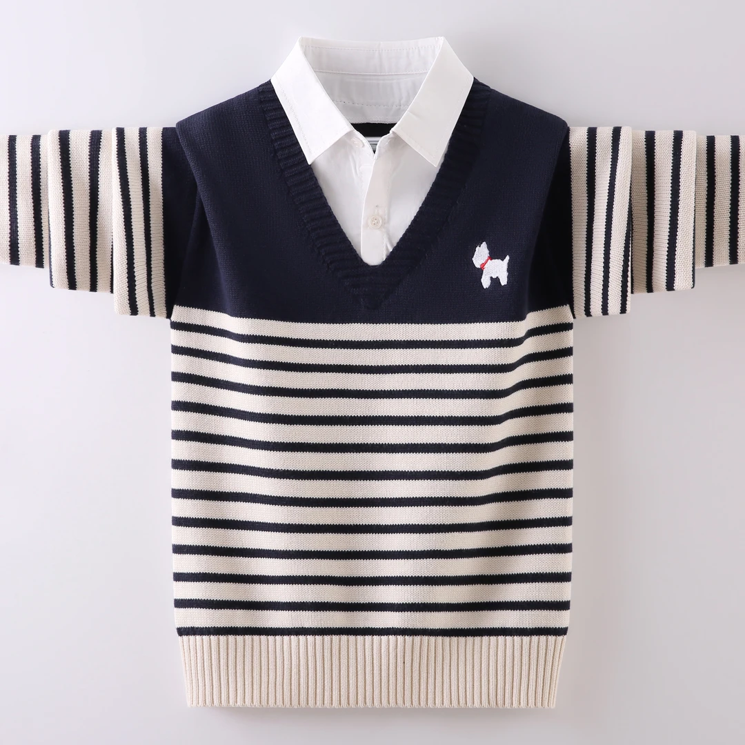 男童毛衣秋冬款假两件2025新款儿童针织打底衫中大童男孩秋季上衣