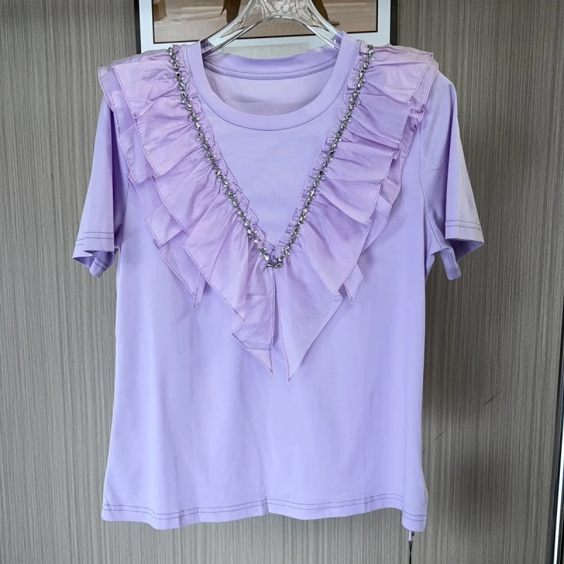 8003撤柜az重工洋气荷叶上衣圆领拼接短袖夏季显瘦T恤气质新款