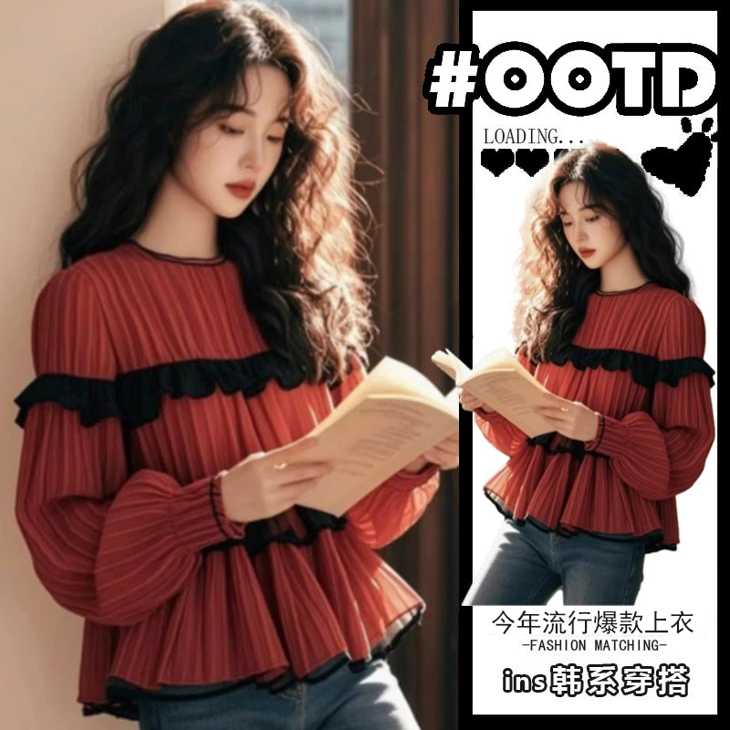 2025春季新款木耳边独特甜美娃娃衫上衣法式高级感小众长袖衬衫女