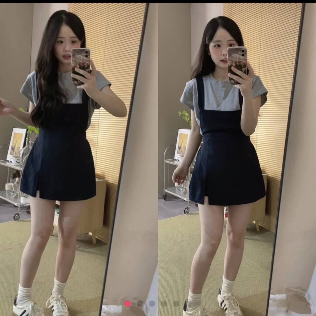 小个子垫肩灰色短袖高腰藏蓝背带两件套