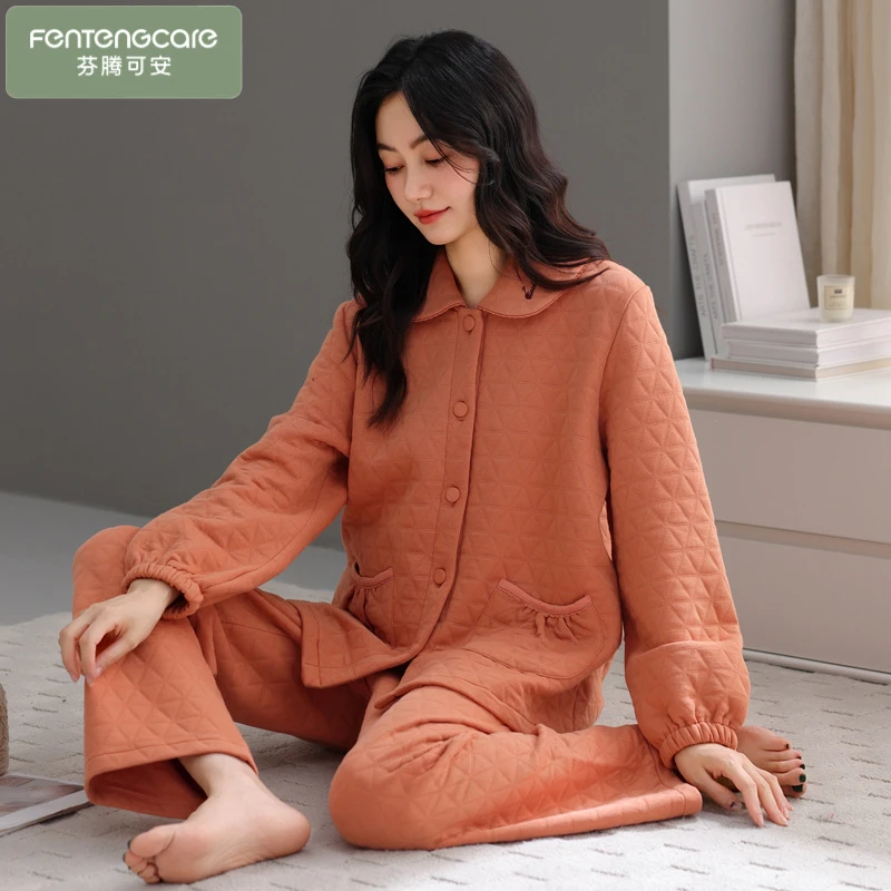 芬腾可安空气棉睡衣女款2025新款秋冬纯棉加厚全棉夹棉保暖家居服