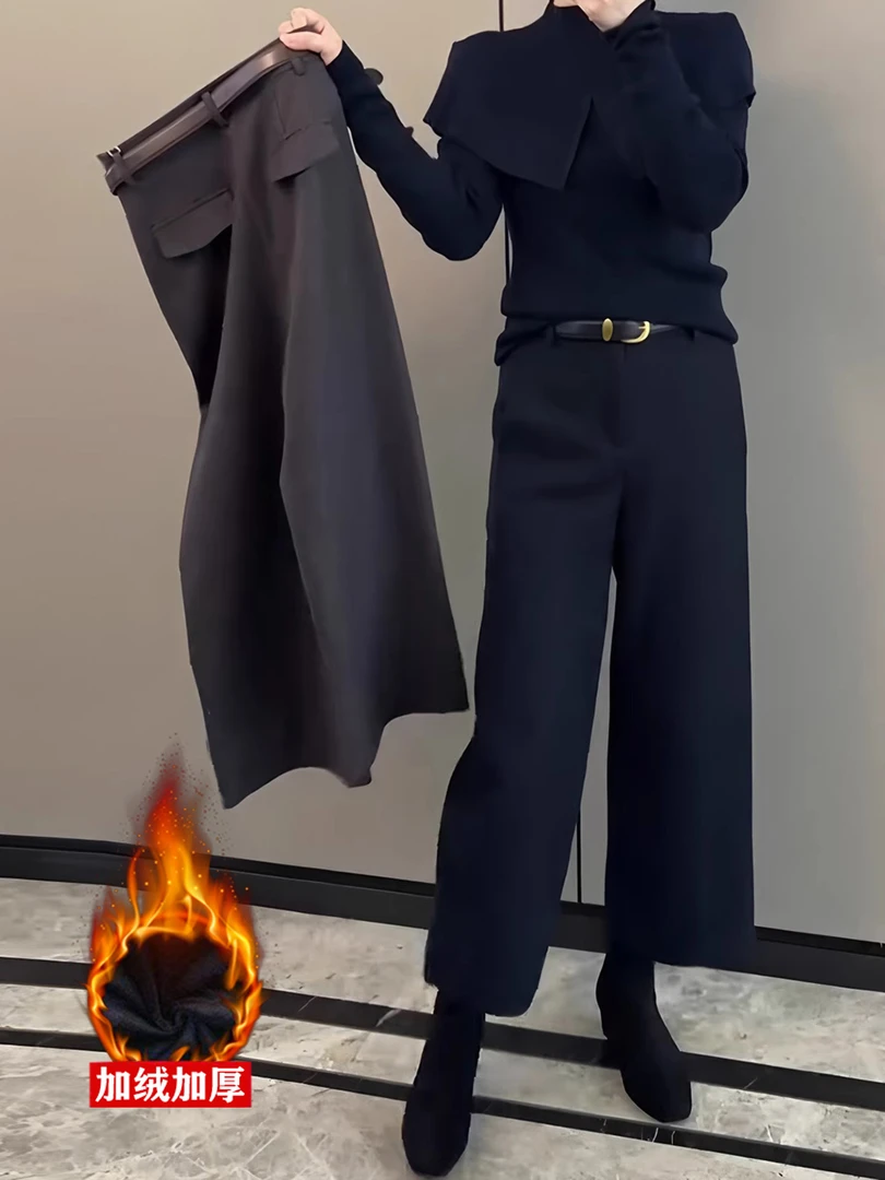 秋冬新款阔腿裤女百搭高腰九分直筒裤休闲裤时尚呢料九分裤靴裤潮