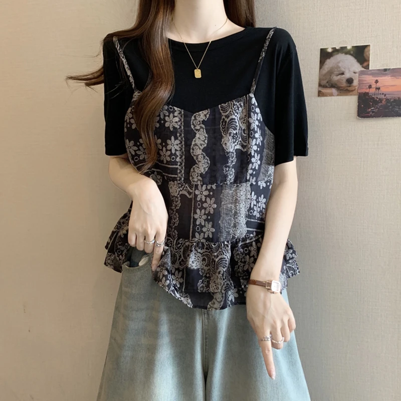 大码胖mm假两件碎花短袖T恤女2025夏季新款显瘦洋气遮肚正肩上衣