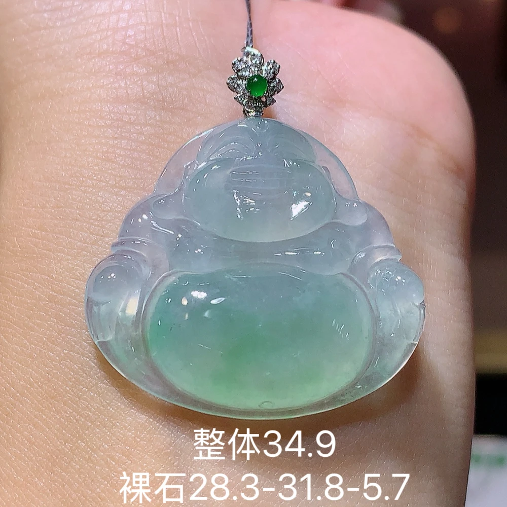 天然A货翡翠冰润飘绿佛公吊坠