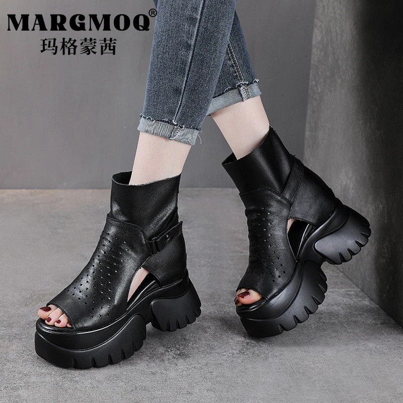 ZOFURUN罗马真皮内9CM凉鞋女时尚夏镂空厚底牛皮鱼嘴马丁靴短筒