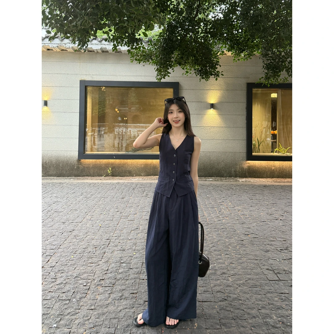 韩系辣妹气质套装女夏季2025新款无袖马甲上衣显瘦阔腿长裤两件套