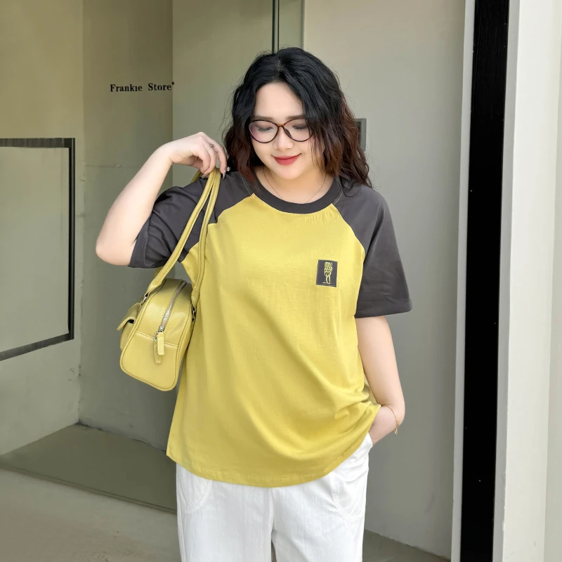 DX7228大码女装【美式插肩袖T】复古圆领拼接刺绣夏季短袖T恤打底衫