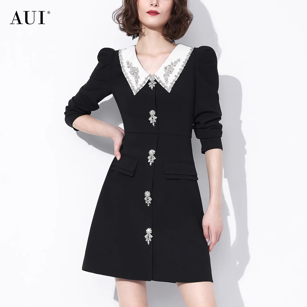 【老板娘夏天】AUI黑色名媛气质修身连衣裙中长裙-23Q012741