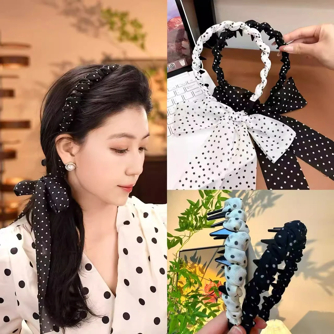 小懿家特惠【飘带发箍】波点网纱蝴蝶结发箍甜美高级感复古颅顶头箍