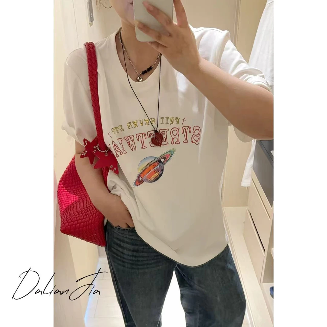 晶咕【星球T】港风复古印花上衣T恤时尚百搭休闲宽松圆领重