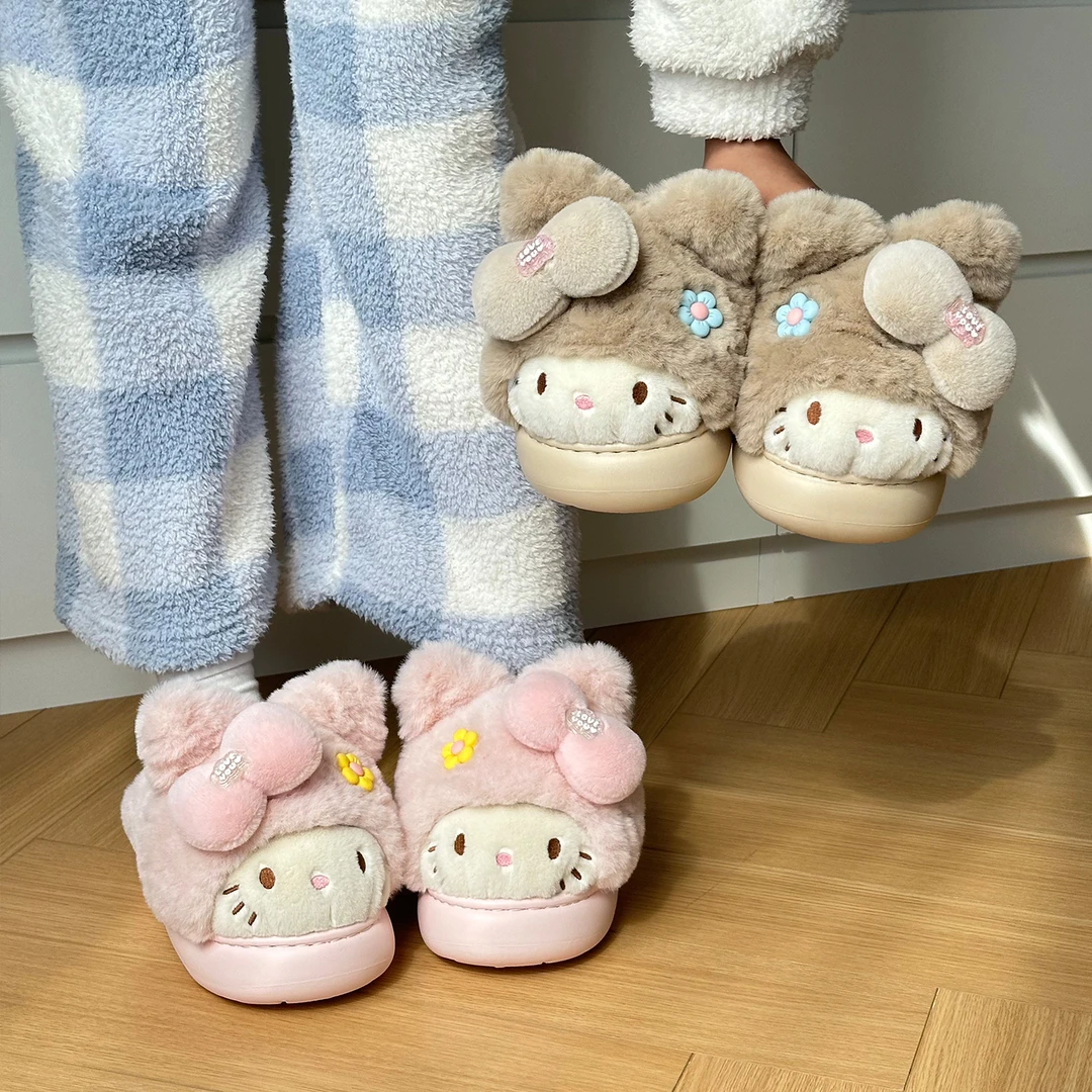 可爱kitty猫棉拖鞋女冬季2025新款居家防滑加厚保暖毛毛包头拖鞋