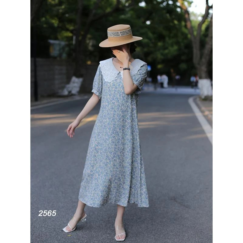 QX-蕾丝娃娃领棉绸碎花连衣裙女夏2025独特人造棉掐腰显瘦长裙子