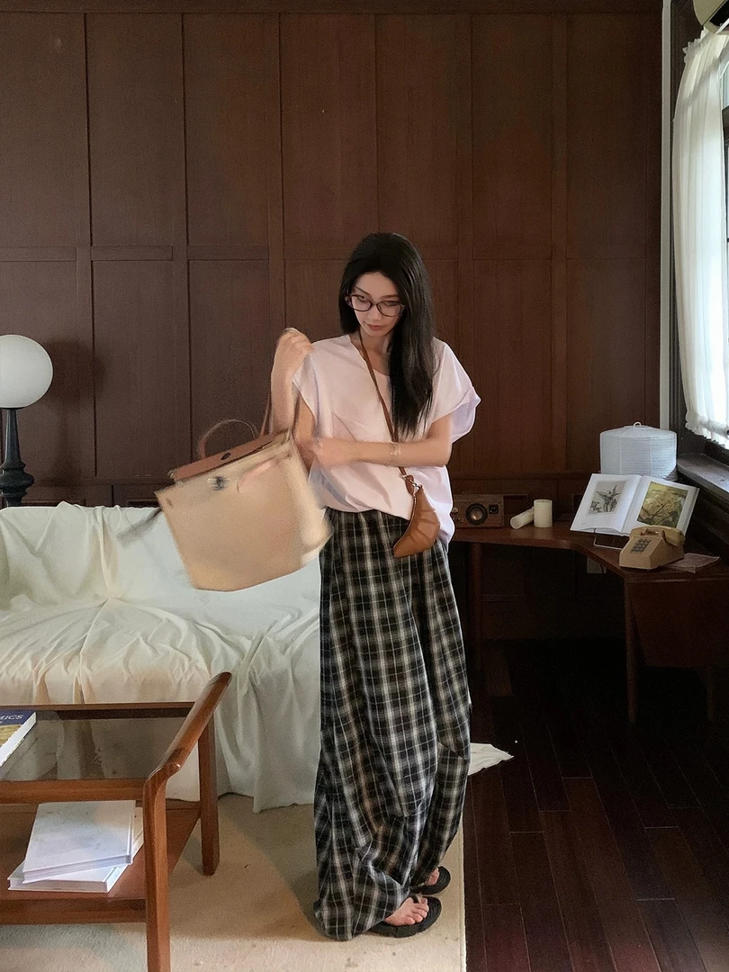 【慵懒格】格子休闲裤女夏季宽松阔腿裤高腰直筒长裤垂感拖地裤子