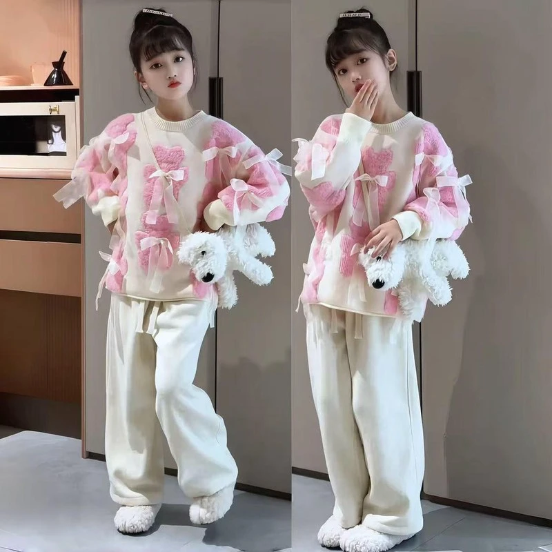 巴拉开门红多巴胺粉色新年高级感加绒套装女童秋冬甜美小熊蝴蝶结