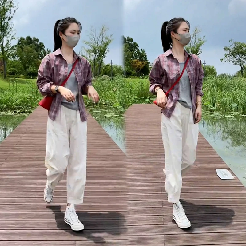 早秋时尚百搭穿搭一整套网格设计上衣搭配减龄休闲裤两件套女潮