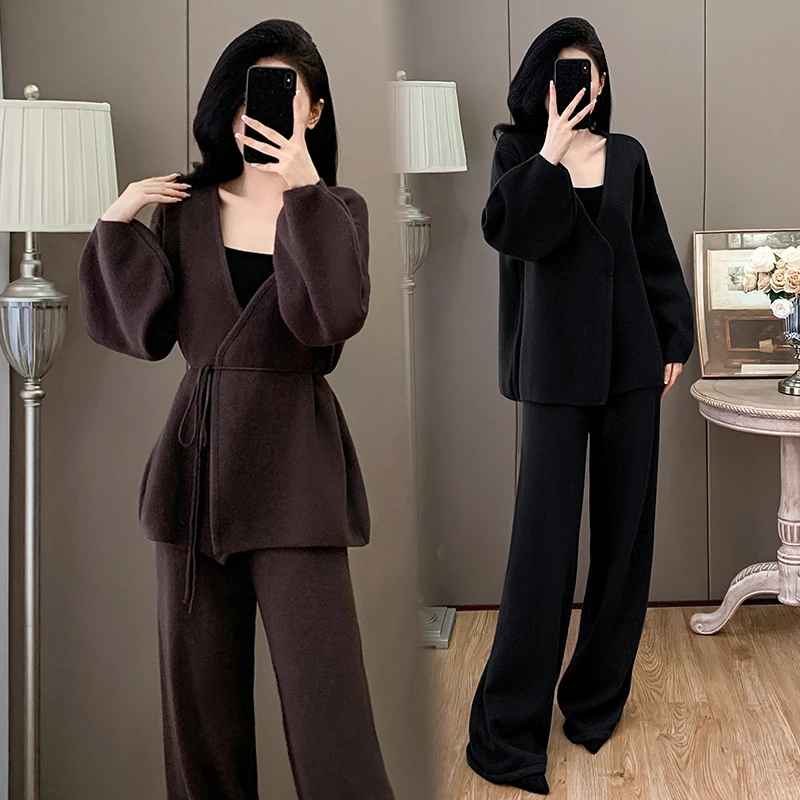 高端时尚气质套装大码女装秋季美式复古慵懒风宽松显瘦针织两件套