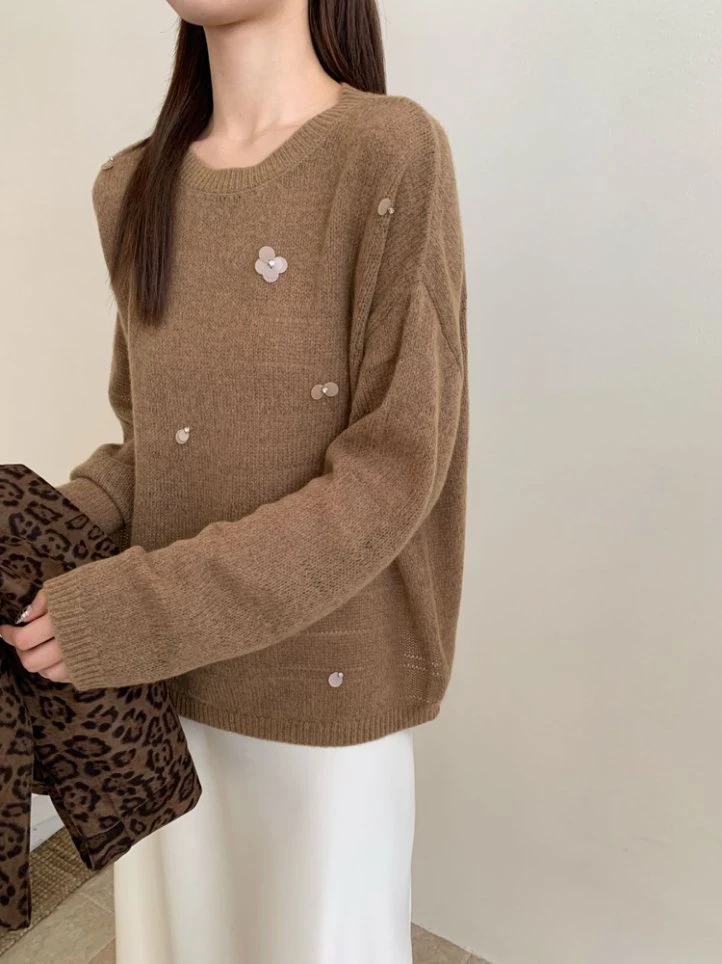 【潘潘.838833】秋冬新款金线驼羊绒立体小花重工女装上新针织衫