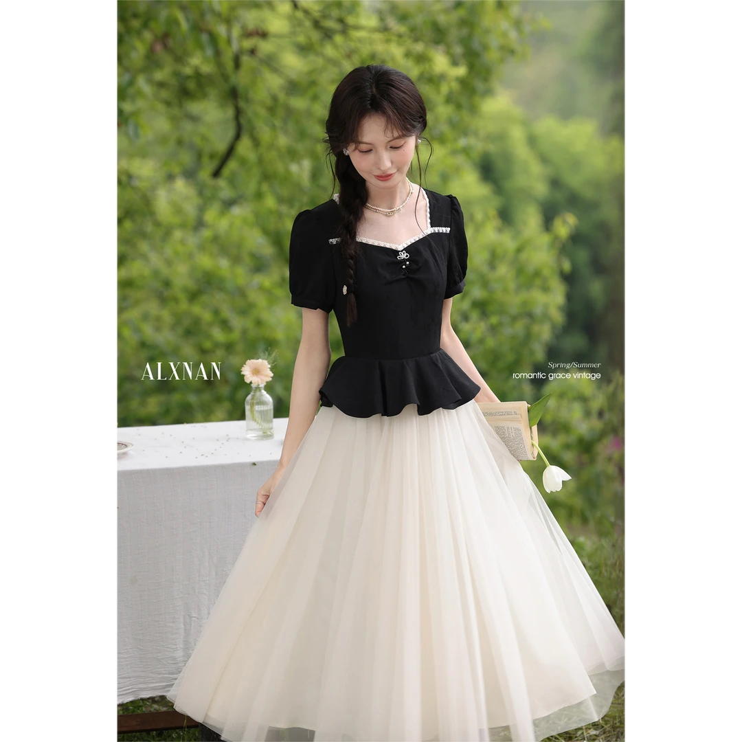 鹿向南「轻纱曼舞」假两件法式女连衣裙夏高腰a字短袖长裙L55667