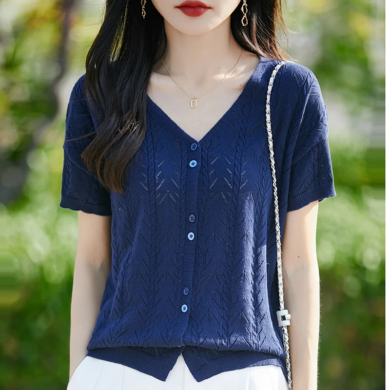哥弟阿玛施官方新款夏季薄款针织镂空短袖宽松洋气显瘦V领上衣女