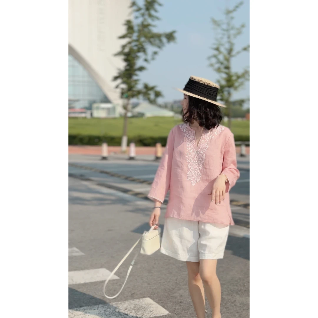 【7.3W针精细刺绣】高支纱汉麻立体刺绣优雅小衫夏季小粉衬衫25265