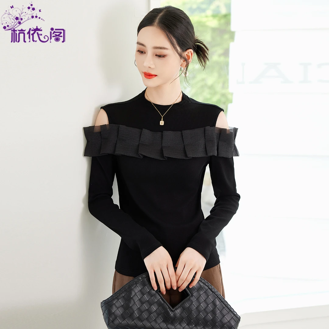 露肩打底衫t恤女2025秋季新款设计感洋气修身长袖内搭针织衫上衣