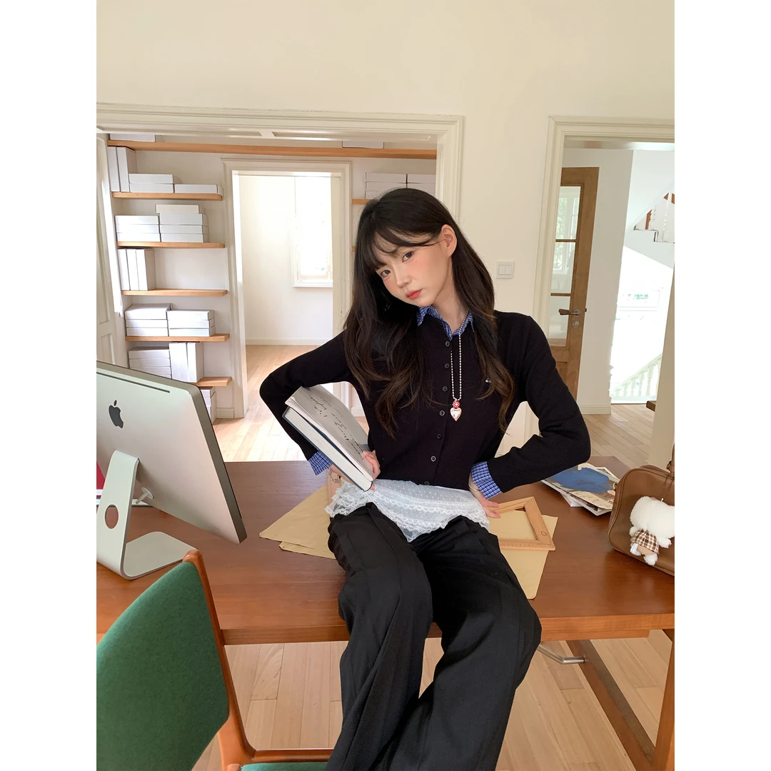 ANA韩国设计师品牌 miu系假两件可拆卸翻领针织开衫 抗起球纱线