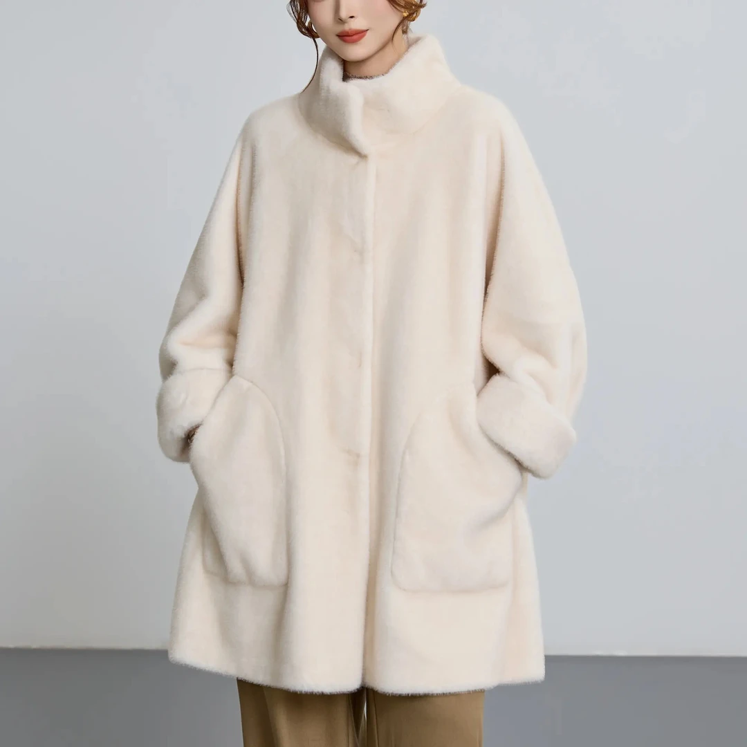 人造皮草 外套宽松北极貂绒环保皮草中长款保暖白色晚宴场合女装