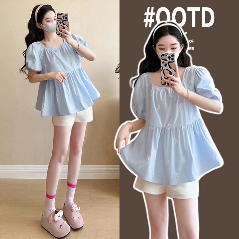 2025新款夏季孕妇装衬衫蝴蝶结刺绣上衣衬衣宽松大码外穿休闲百搭